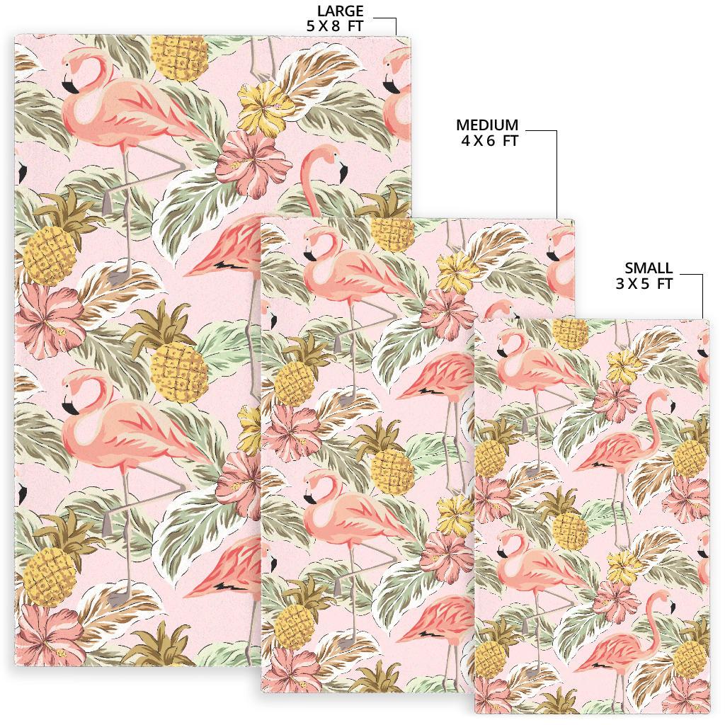 Pink flamingo birds pineapples hibiscus flower pattern Area Rug