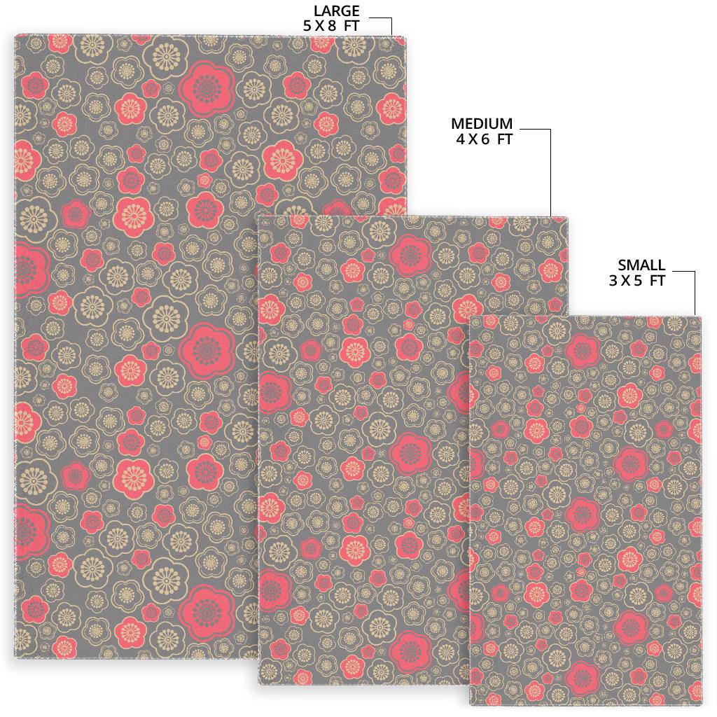 Red gold Sakura cherry blossom gray background Area Rug