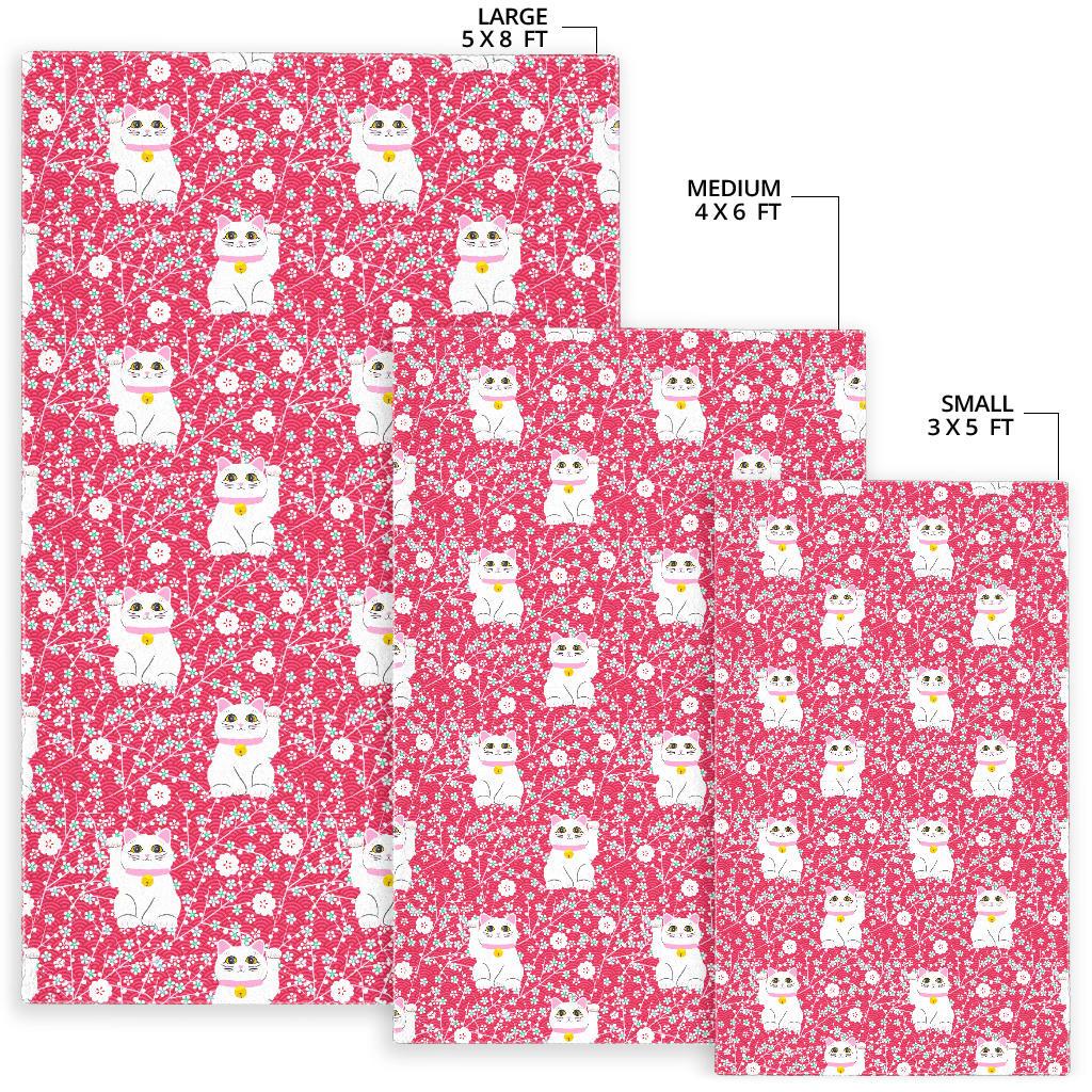 Maneki Neko Lucky Cat sakura pink background Area Rug