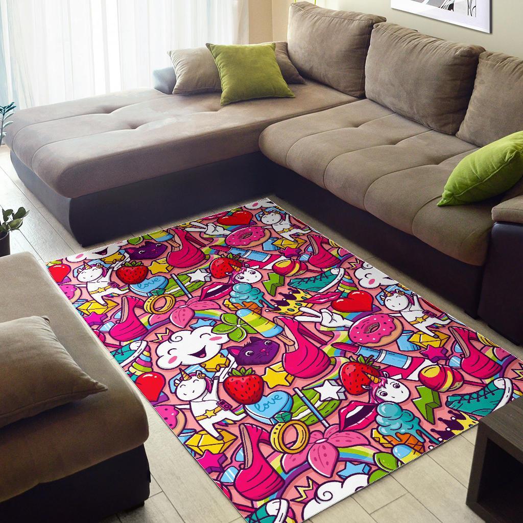 Girly Unicorn Cartoon Pattern Print Area Rug