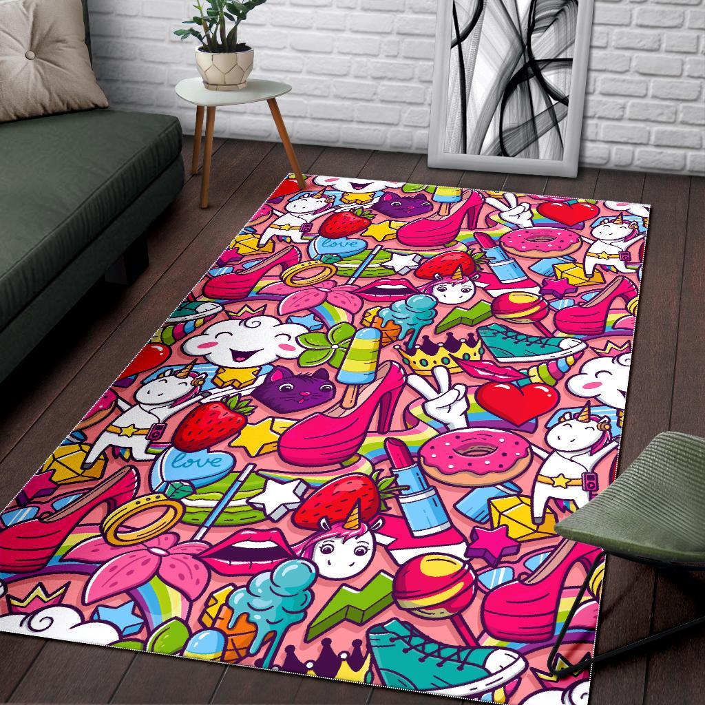 Girly Unicorn Cartoon Pattern Print Area Rug