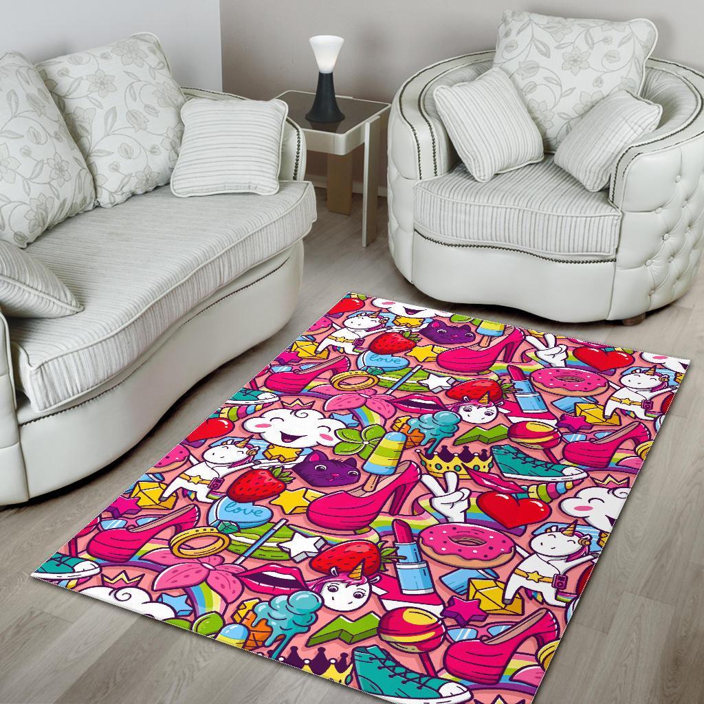 Girly Unicorn Cartoon Pattern Print Area Rug