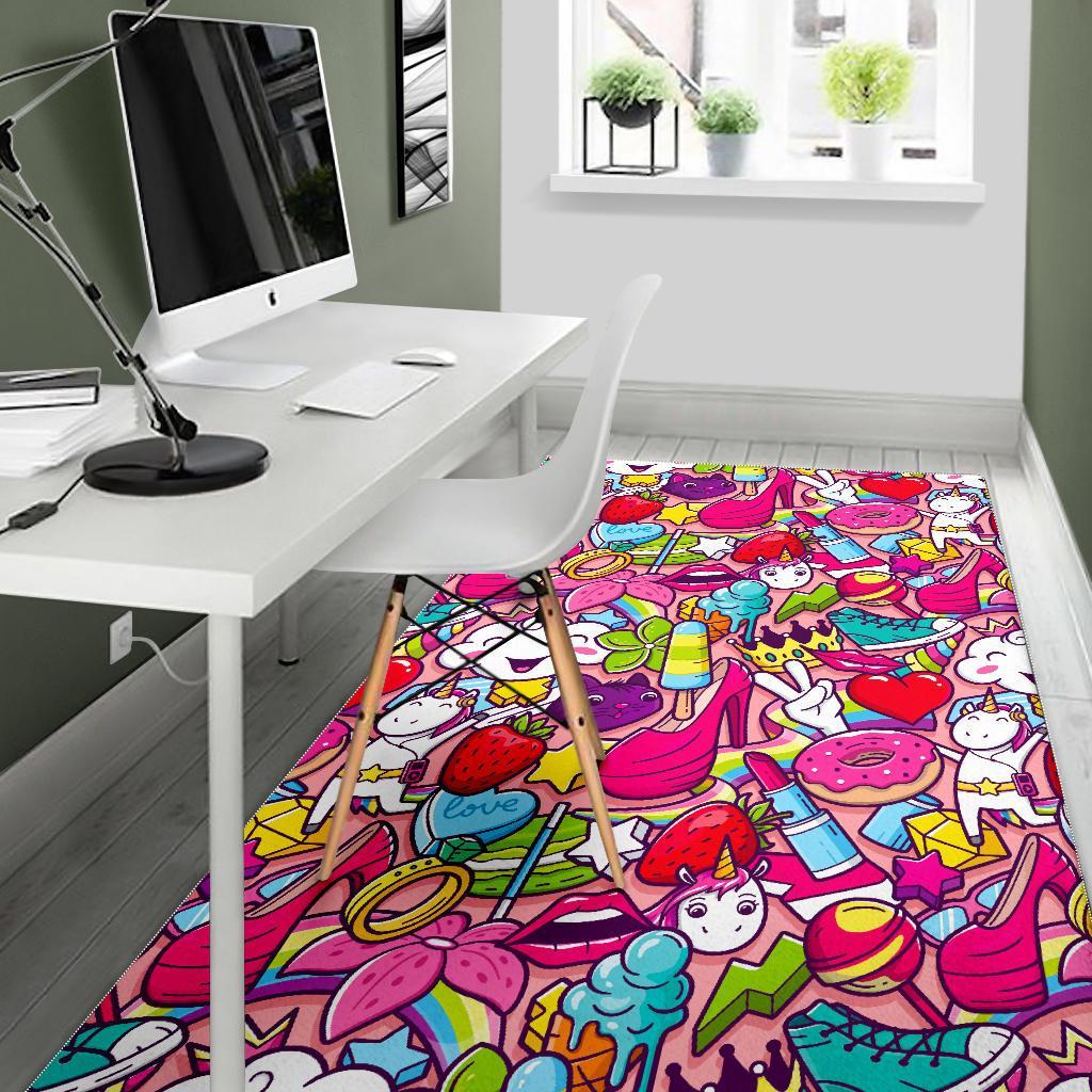 Girly Unicorn Cartoon Pattern Print Area Rug