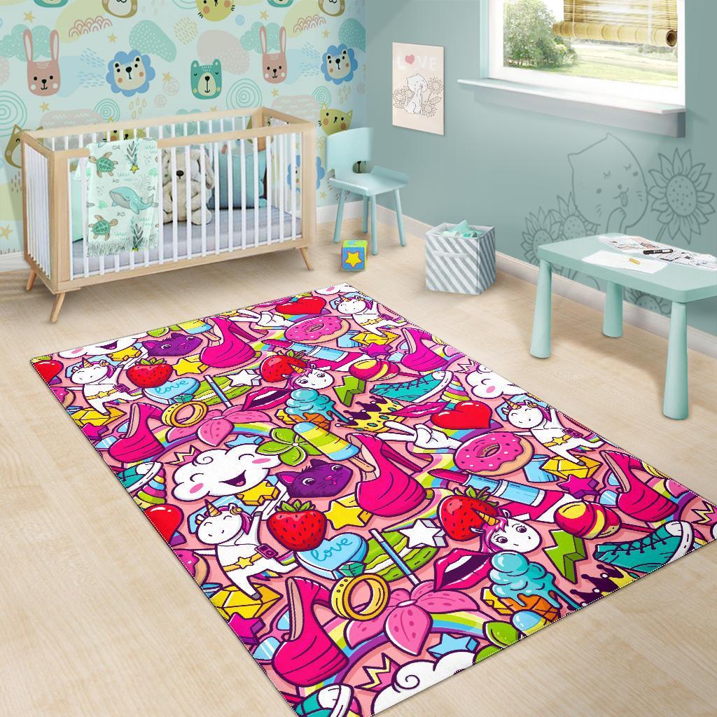 Girly Unicorn Cartoon Pattern Print Area Rug