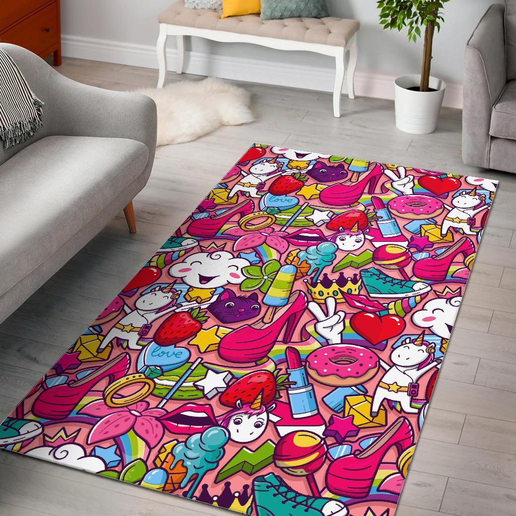 Girly Unicorn Cartoon Pattern Print Area Rug