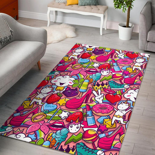 Girly Unicorn Cartoon Pattern Print Area Rug