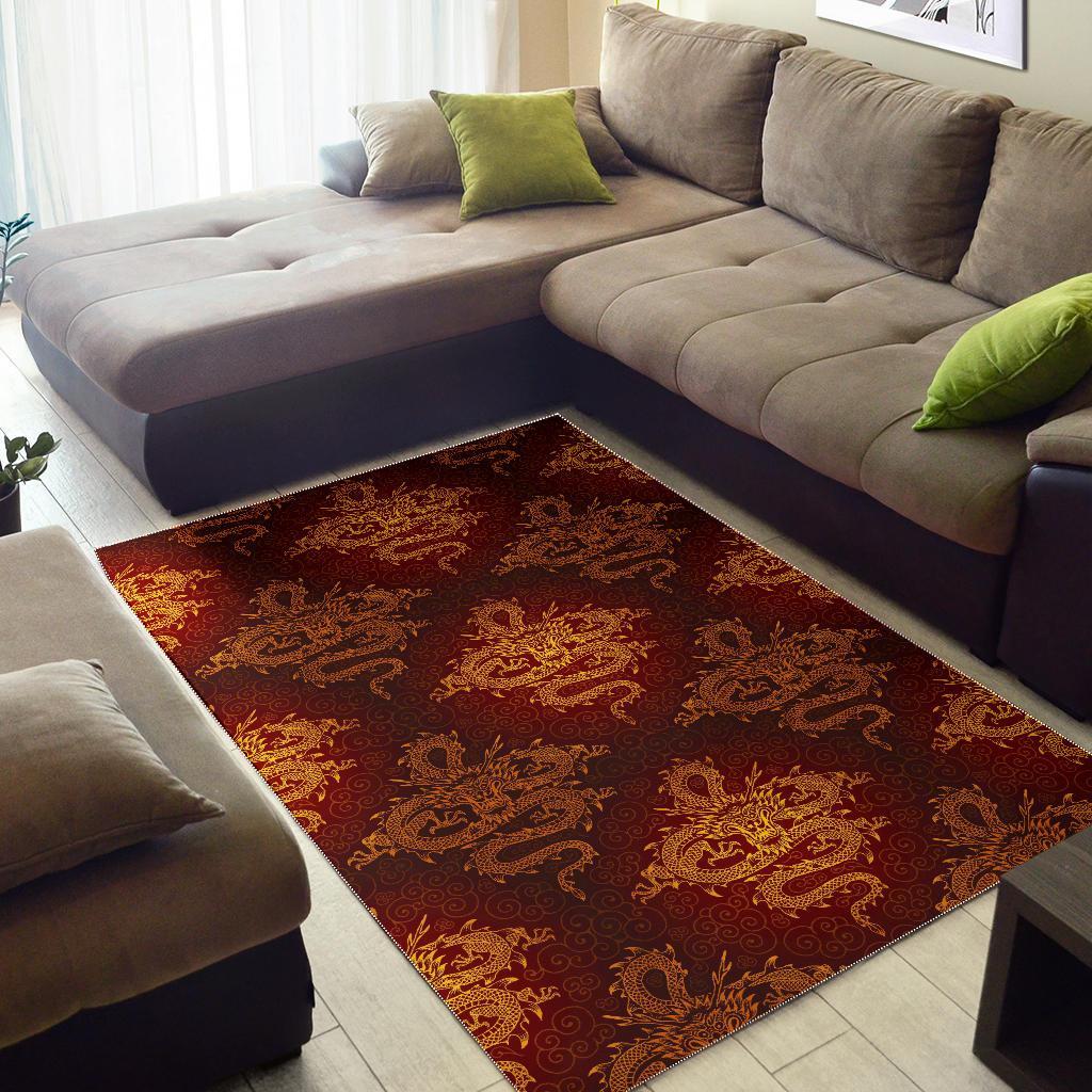 Gold Chinese Dragon Pattern Print Area Rug