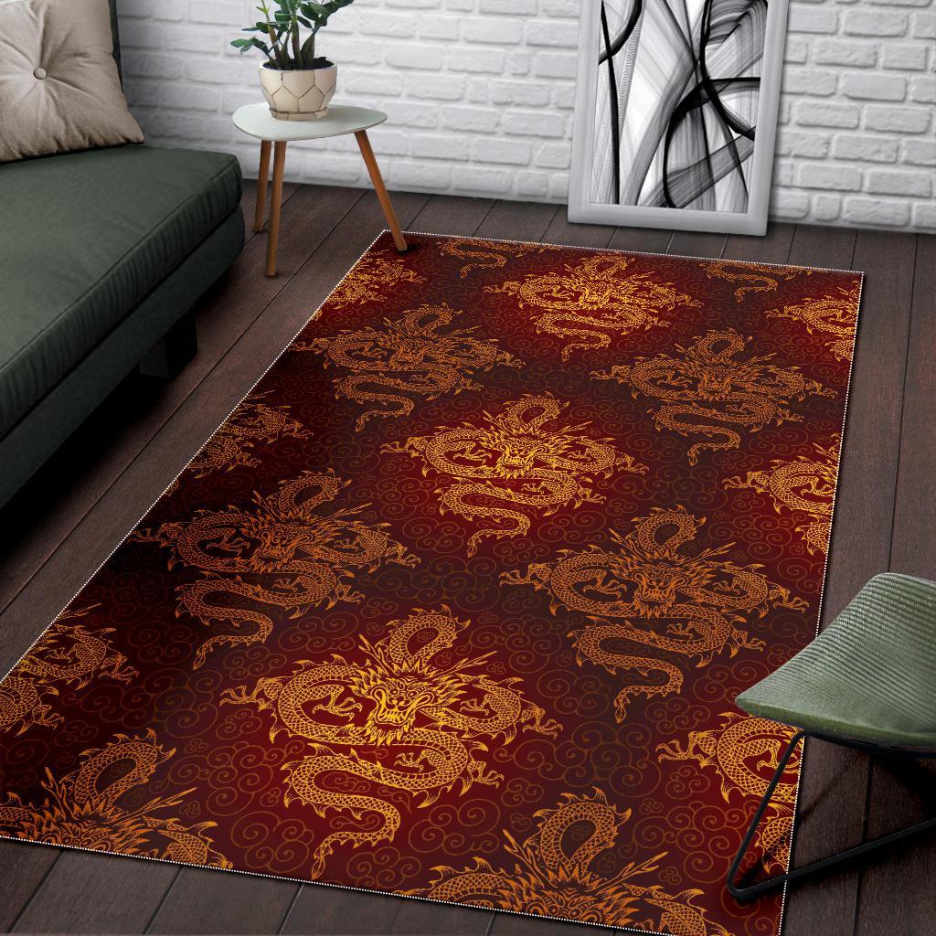 Gold Chinese Dragon Pattern Print Area Rug