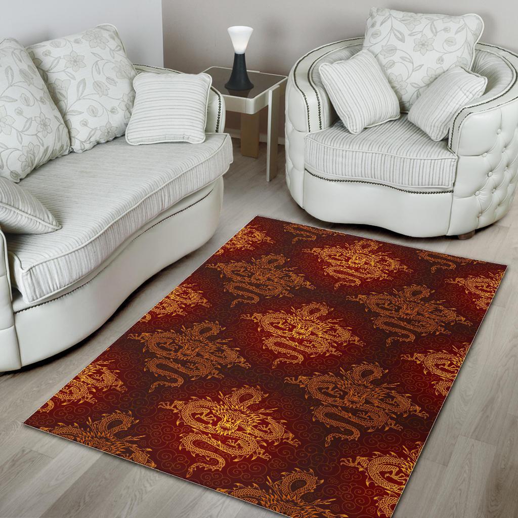 Gold Chinese Dragon Pattern Print Area Rug