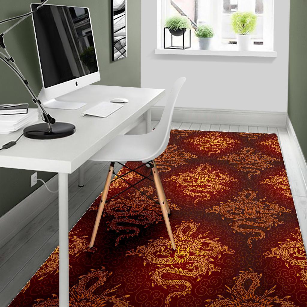 Gold Chinese Dragon Pattern Print Area Rug