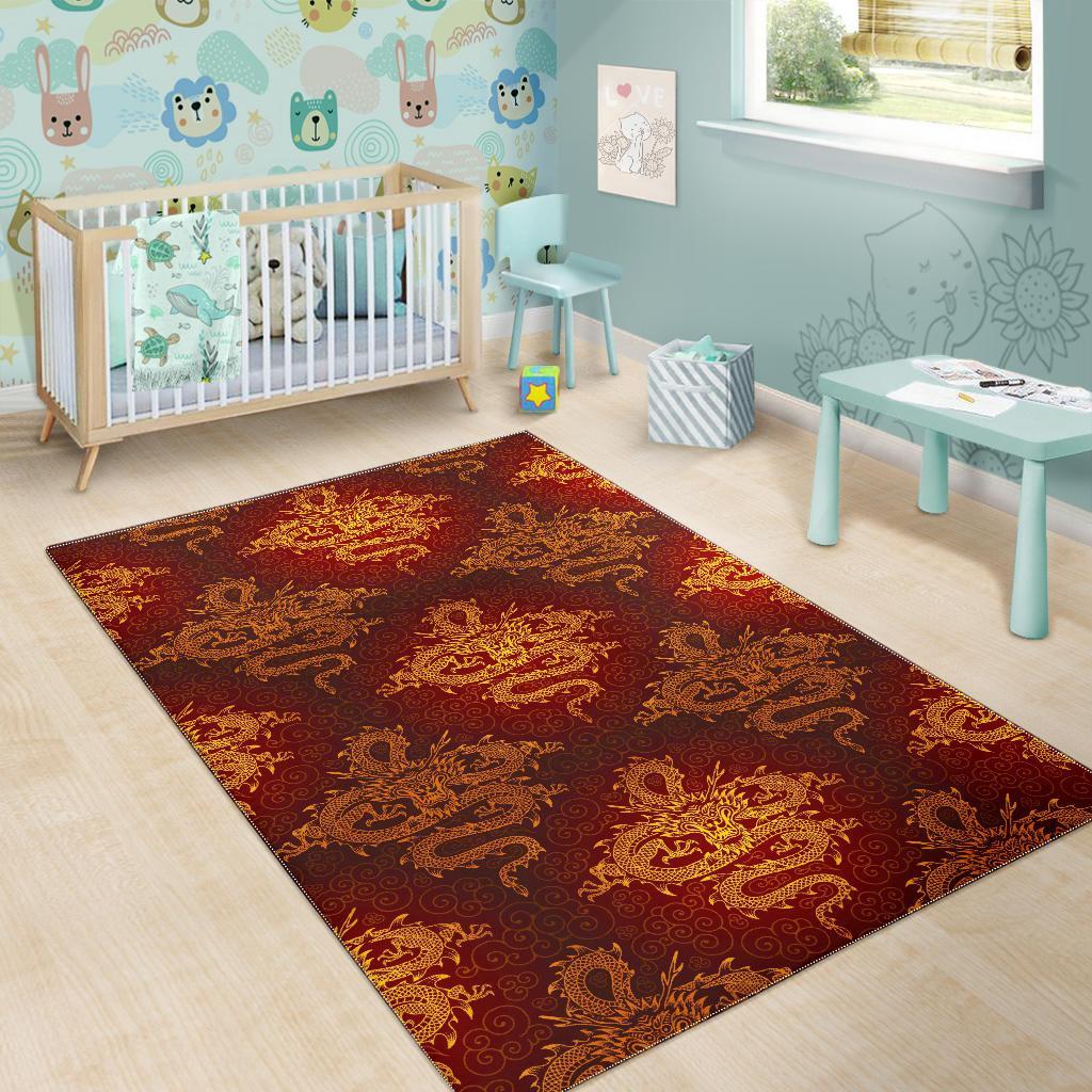 Gold Chinese Dragon Pattern Print Area Rug