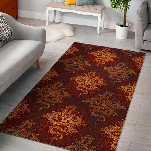 Gold Chinese Dragon Pattern Print Area Rug