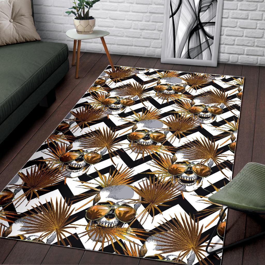 Gold Tropical Skull Pattern Print Area Rug