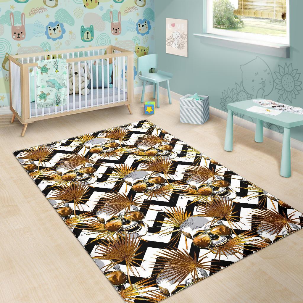 Gold Tropical Skull Pattern Print Area Rug