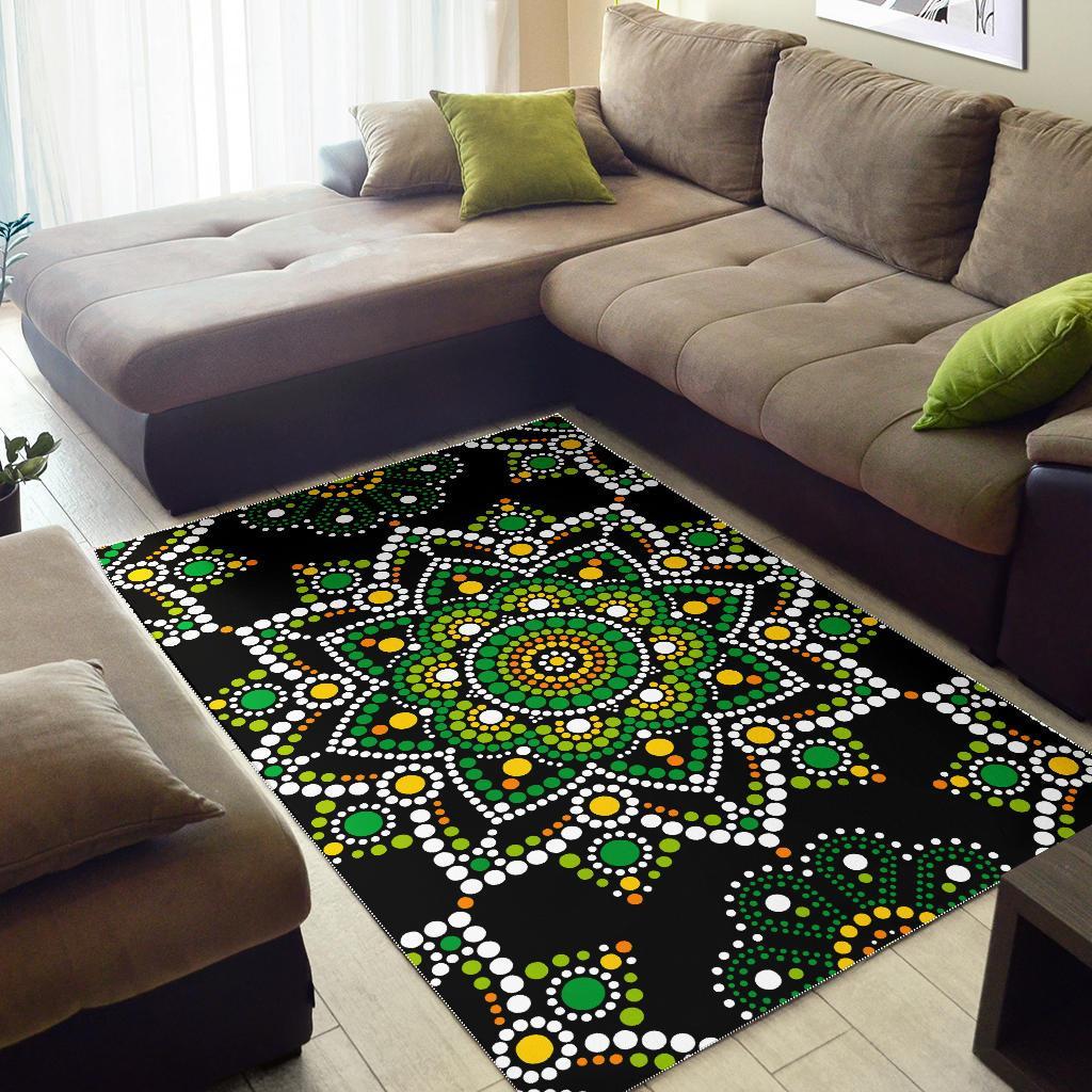 Green White Dot Mandala Print Area Rug