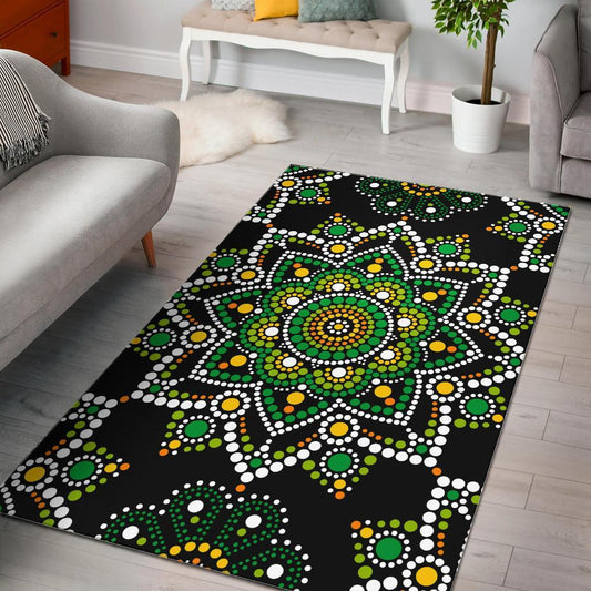 Green White Dot Mandala Print Area Rug