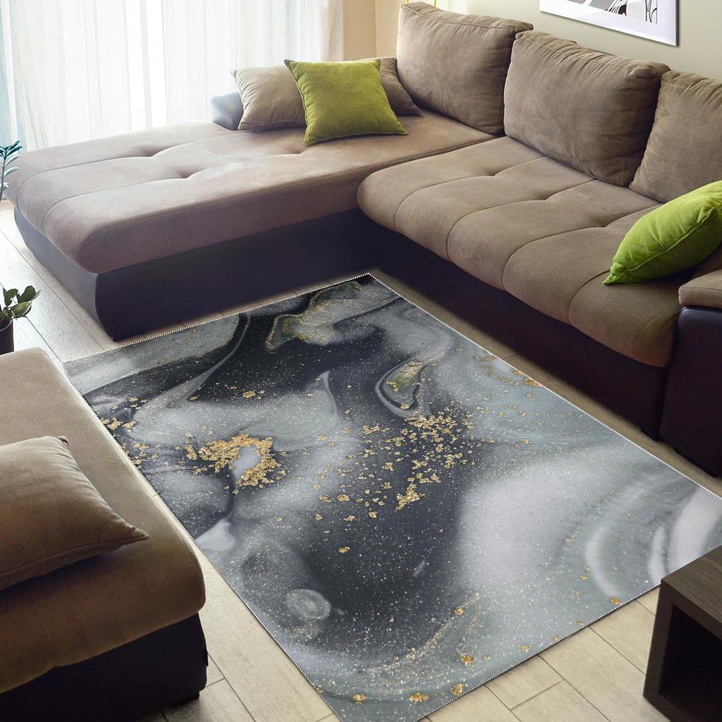 Grey Gold Liquid Marble Print Area Rug