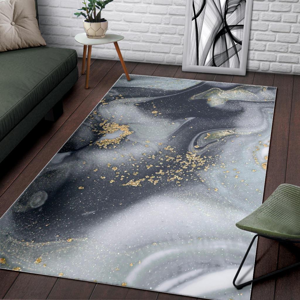 Grey Gold Liquid Marble Print Area Rug