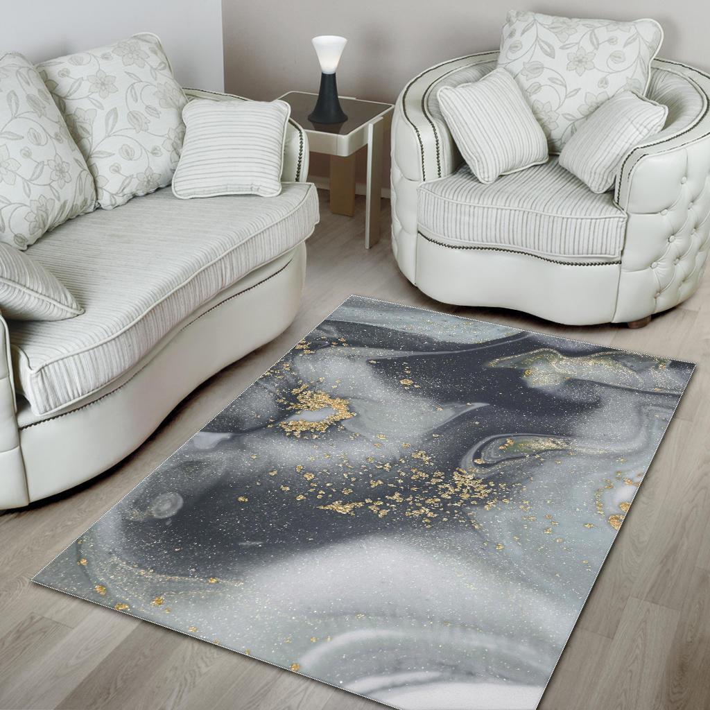 Grey Gold Liquid Marble Print Area Rug