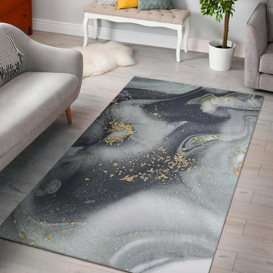 Grey Gold Liquid Marble Print Area Rug