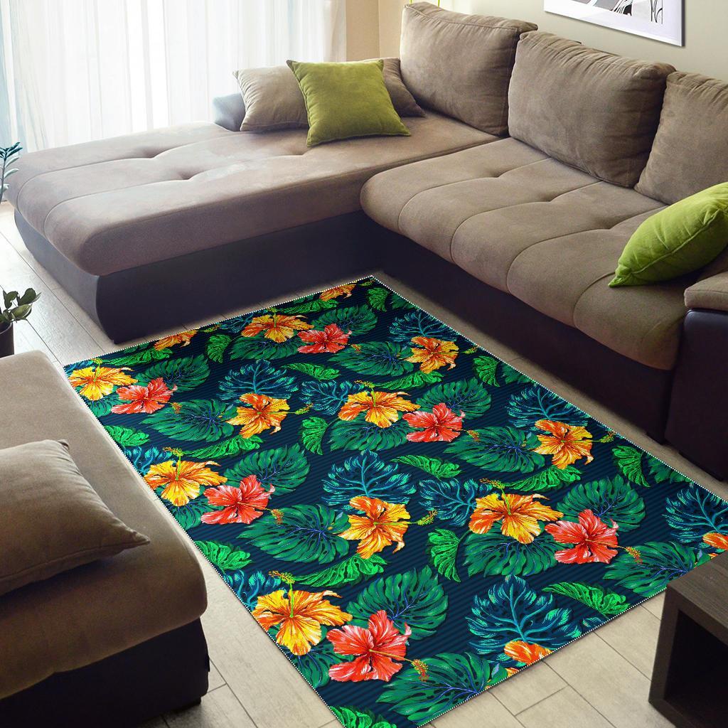 Hibiscus Monstera Hawaii Pattern Print Area Rug