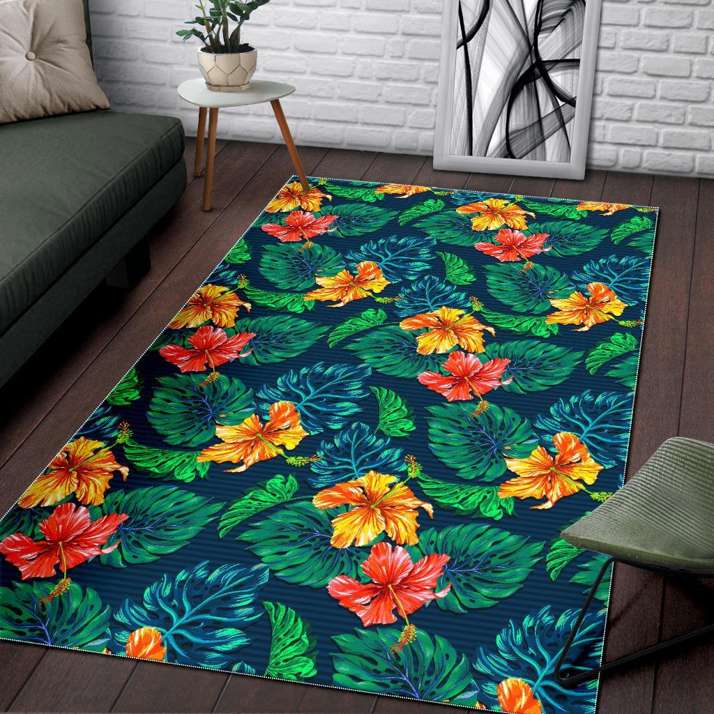 Hibiscus Monstera Hawaii Pattern Print Area Rug