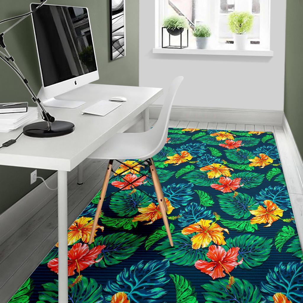 Hibiscus Monstera Hawaii Pattern Print Area Rug