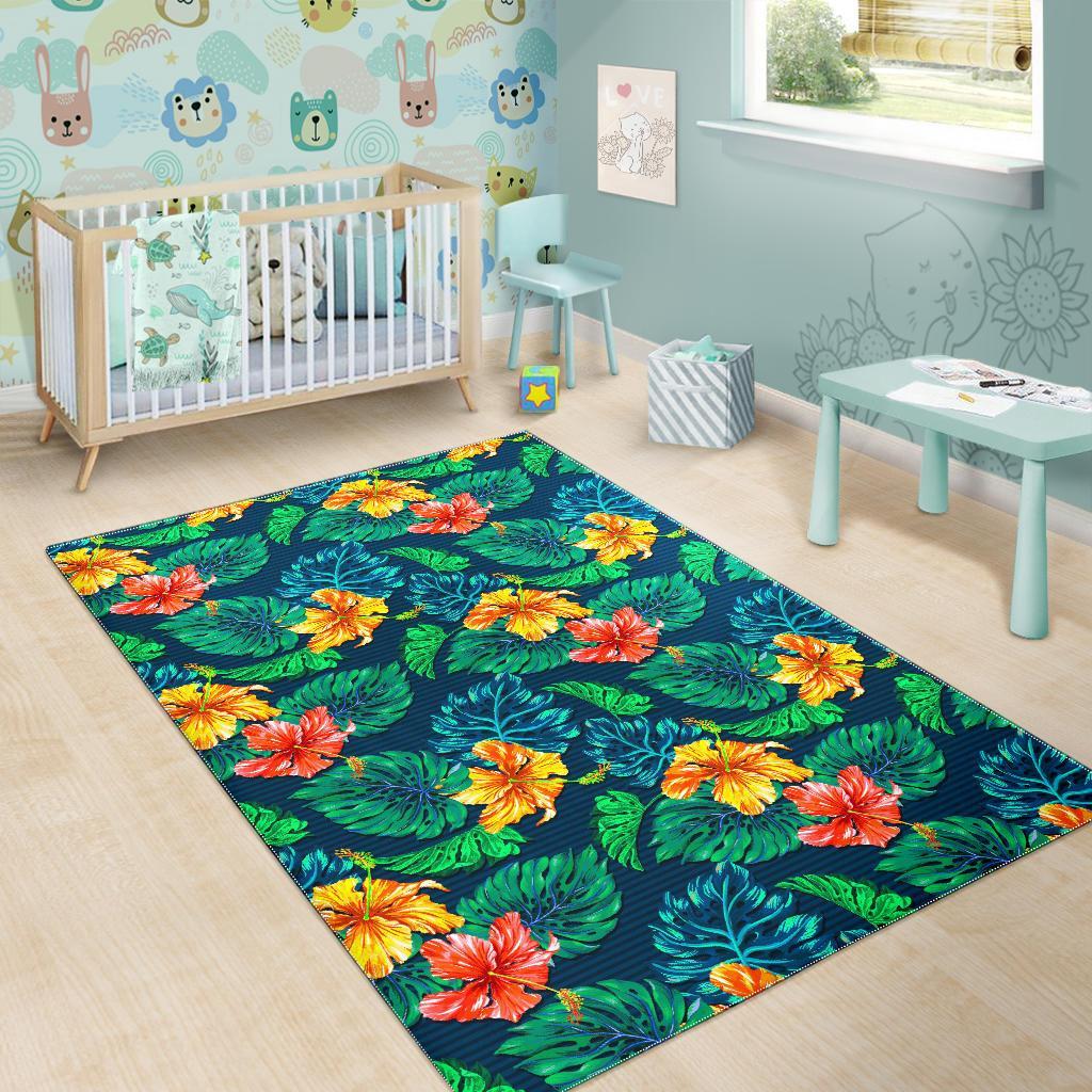 Hibiscus Monstera Hawaii Pattern Print Area Rug