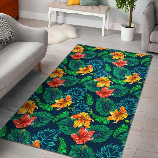 Hibiscus Monstera Hawaii Pattern Print Area Rug