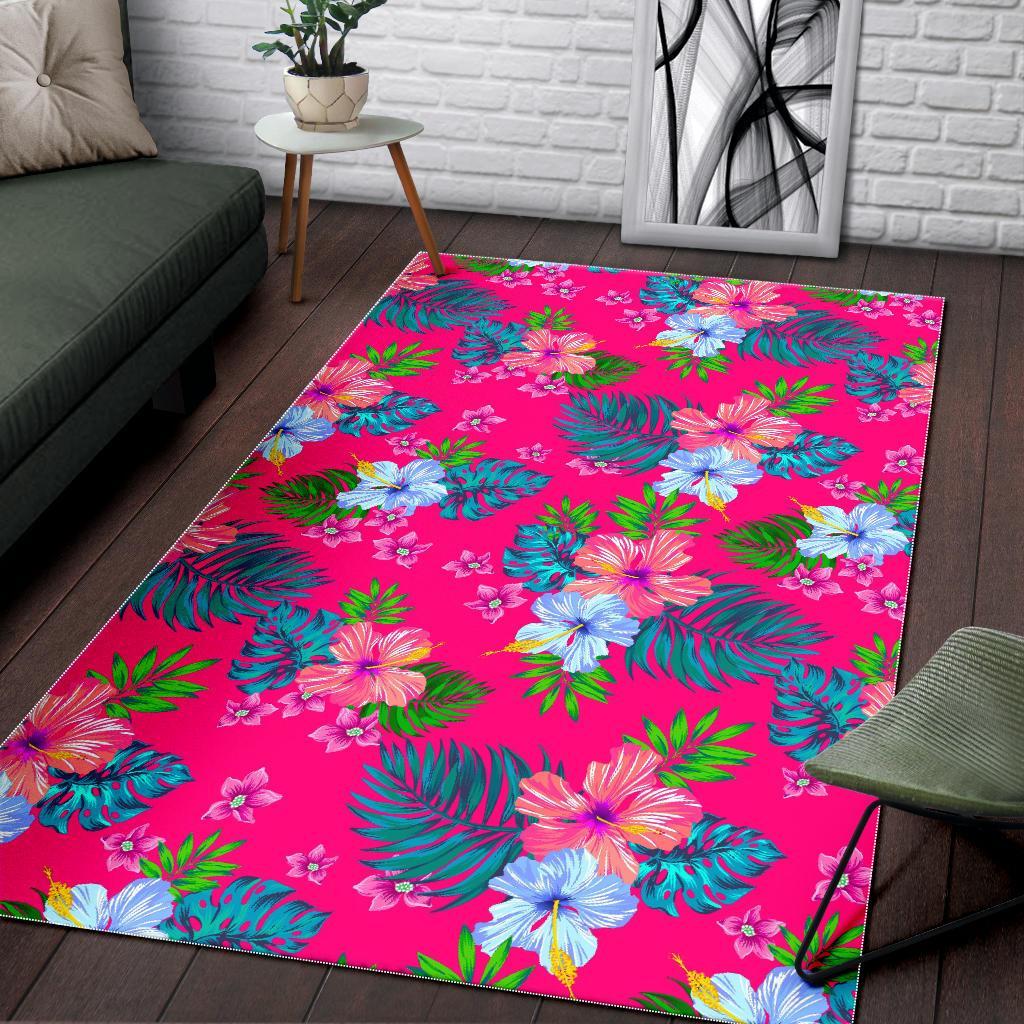 Hot Pink Aloha Hibiscus Pattern Print Area Rug