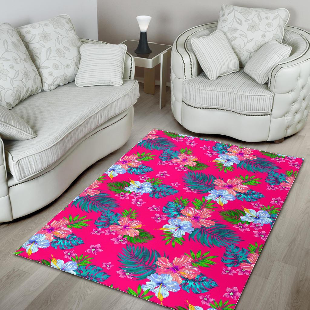Hot Pink Aloha Hibiscus Pattern Print Area Rug