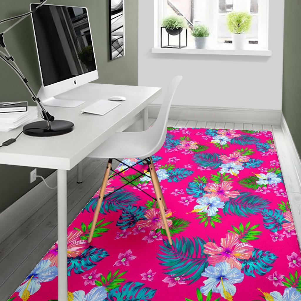 Hot Pink Aloha Hibiscus Pattern Print Area Rug