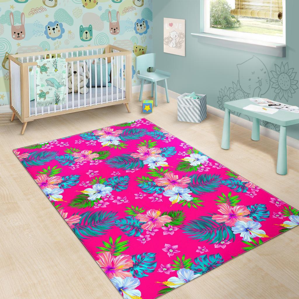 Hot Pink Aloha Hibiscus Pattern Print Area Rug