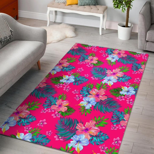 Hot Pink Aloha Hibiscus Pattern Print Area Rug