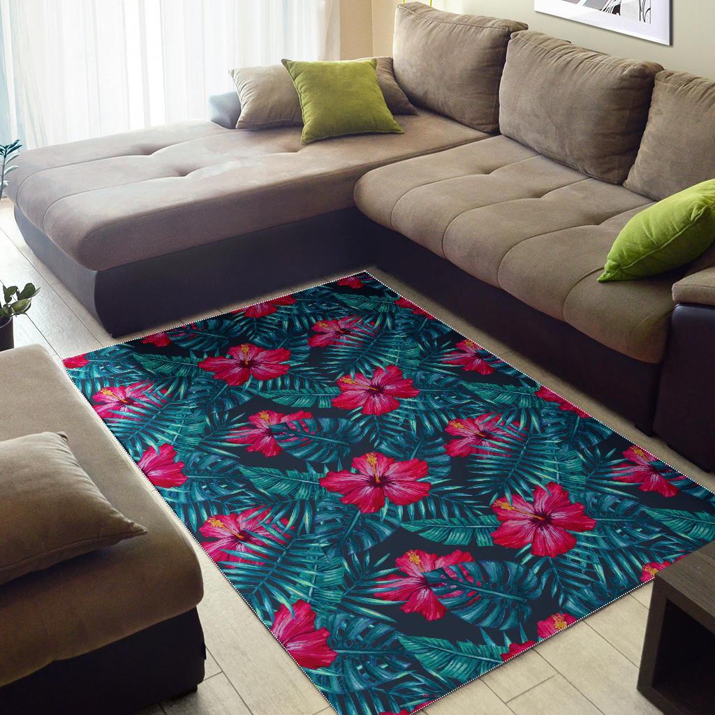 Hot Pink Hibiscus Tropical Pattern Print Area Rug