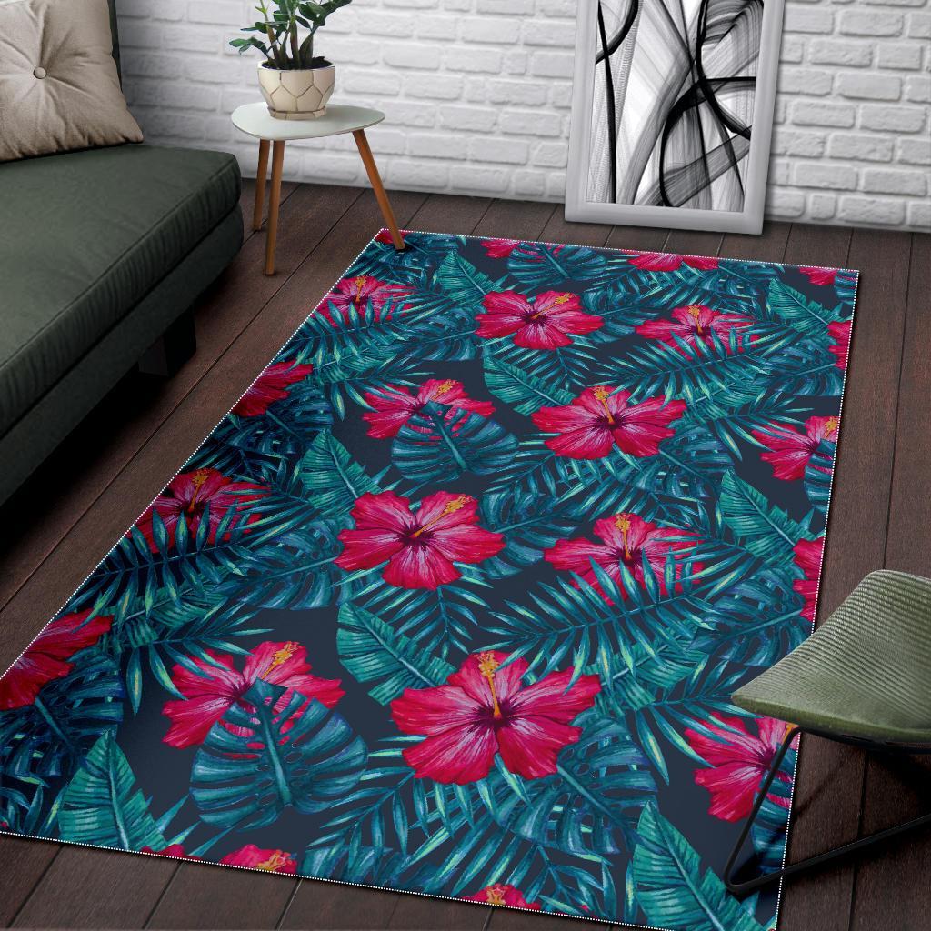 Hot Pink Hibiscus Tropical Pattern Print Area Rug