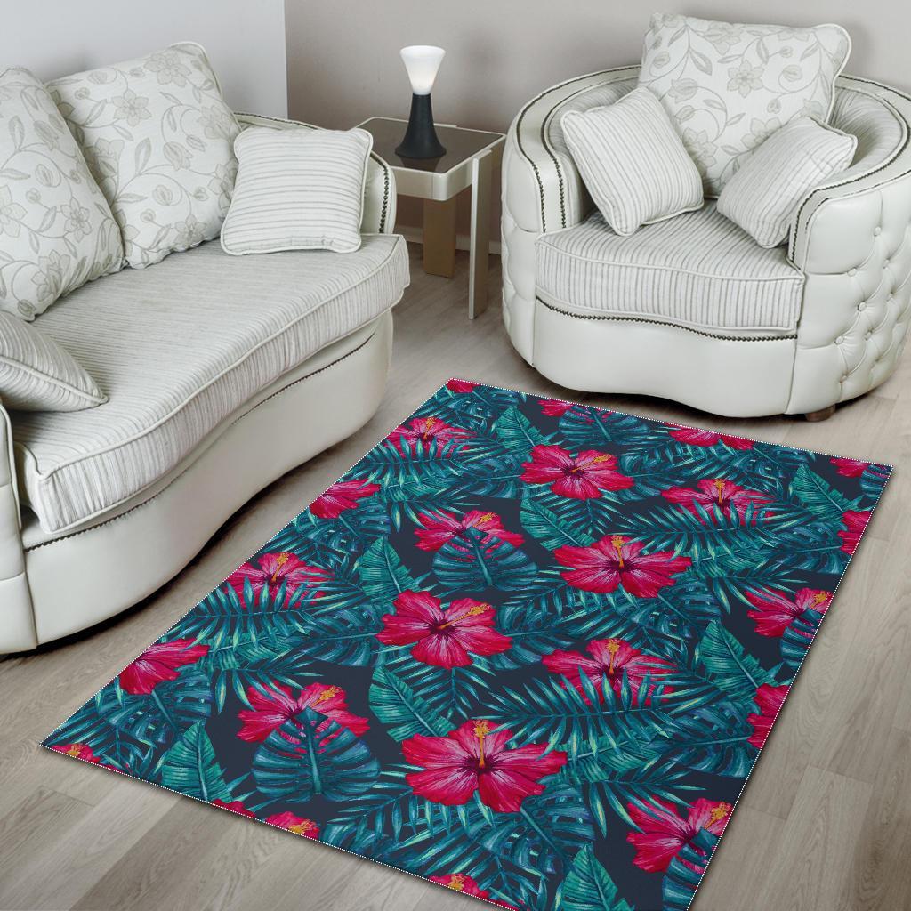 Hot Pink Hibiscus Tropical Pattern Print Area Rug