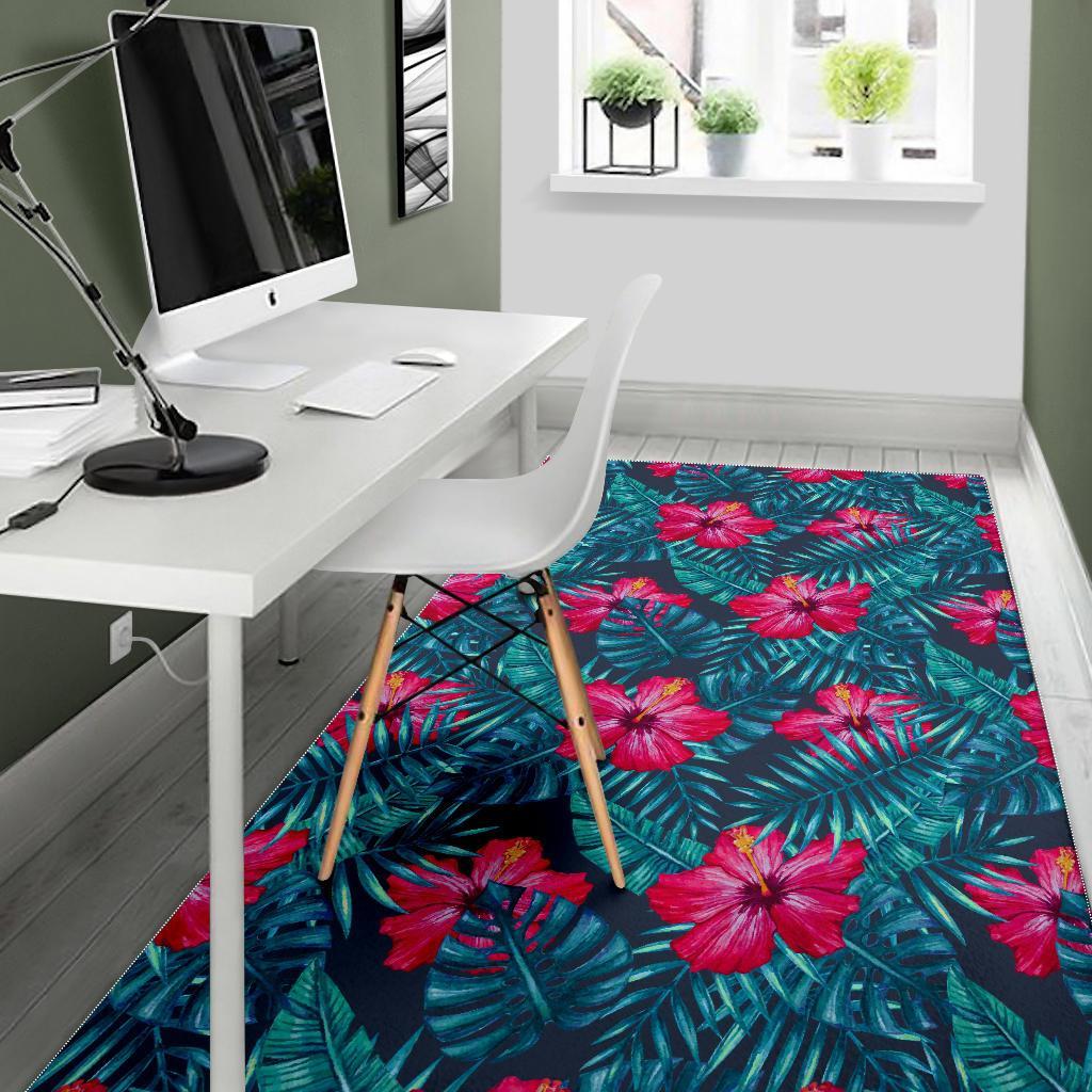 Hot Pink Hibiscus Tropical Pattern Print Area Rug