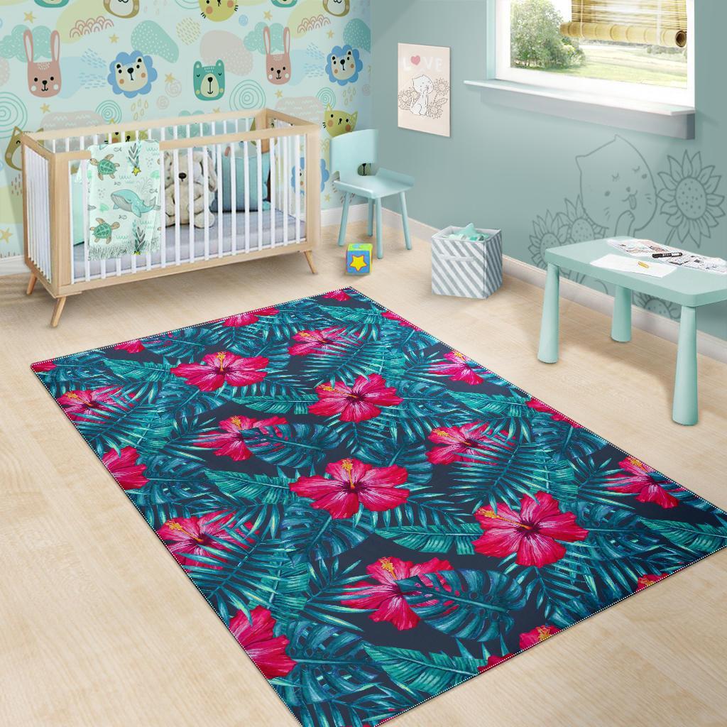 Hot Pink Hibiscus Tropical Pattern Print Area Rug