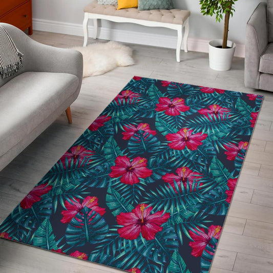 Hot Pink Hibiscus Tropical Pattern Print Area Rug
