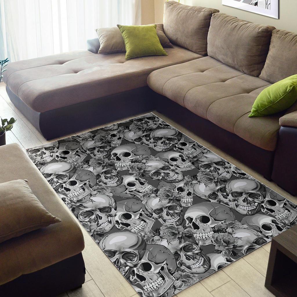 Monochrome Skull Flowers Pattern Print Area Rug