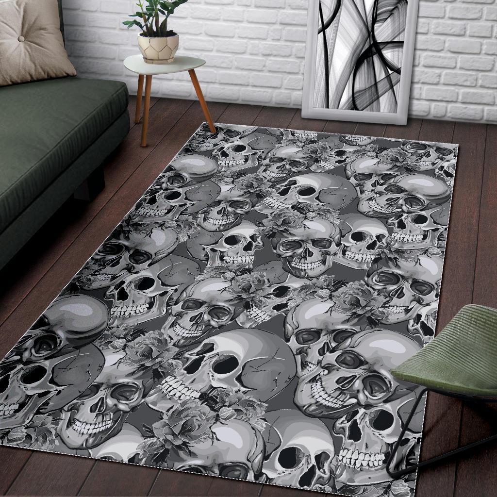 Monochrome Skull Flowers Pattern Print Area Rug