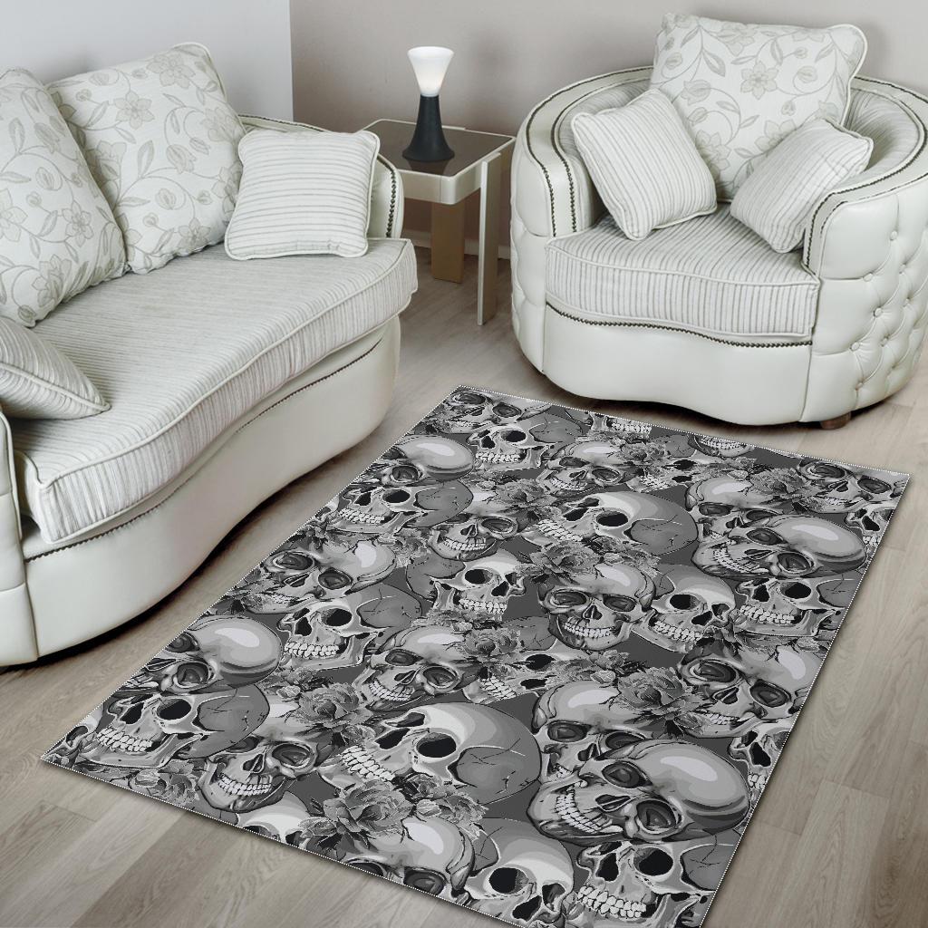 Monochrome Skull Flowers Pattern Print Area Rug