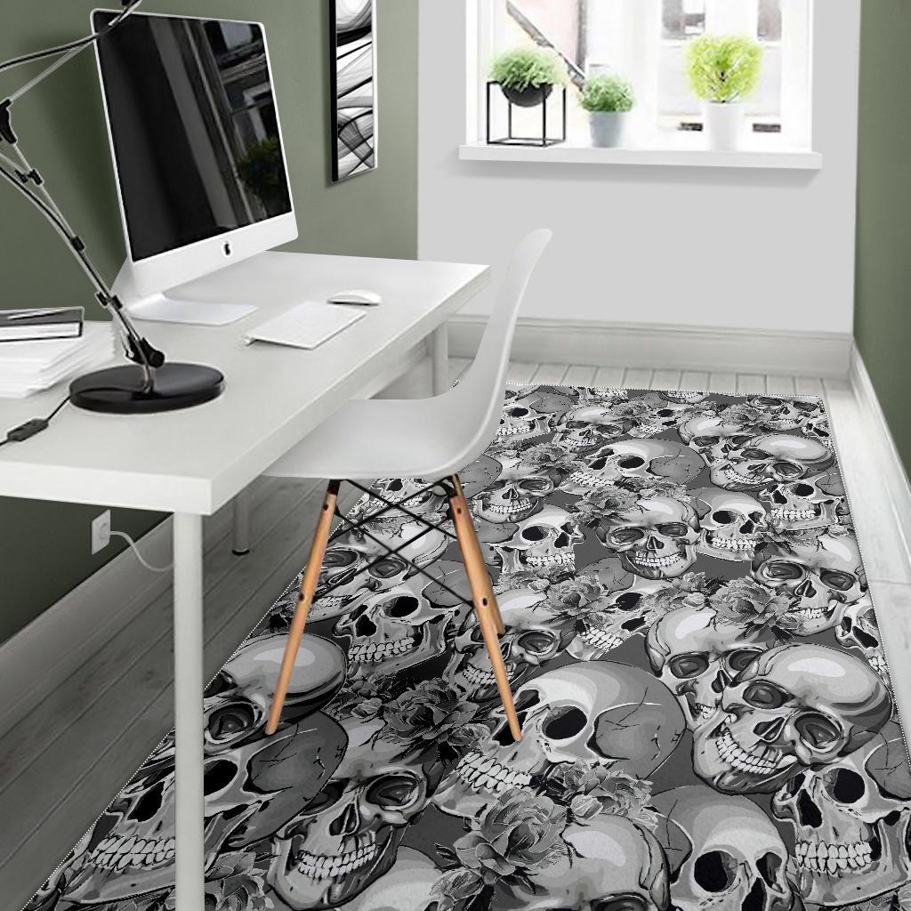 Monochrome Skull Flowers Pattern Print Area Rug