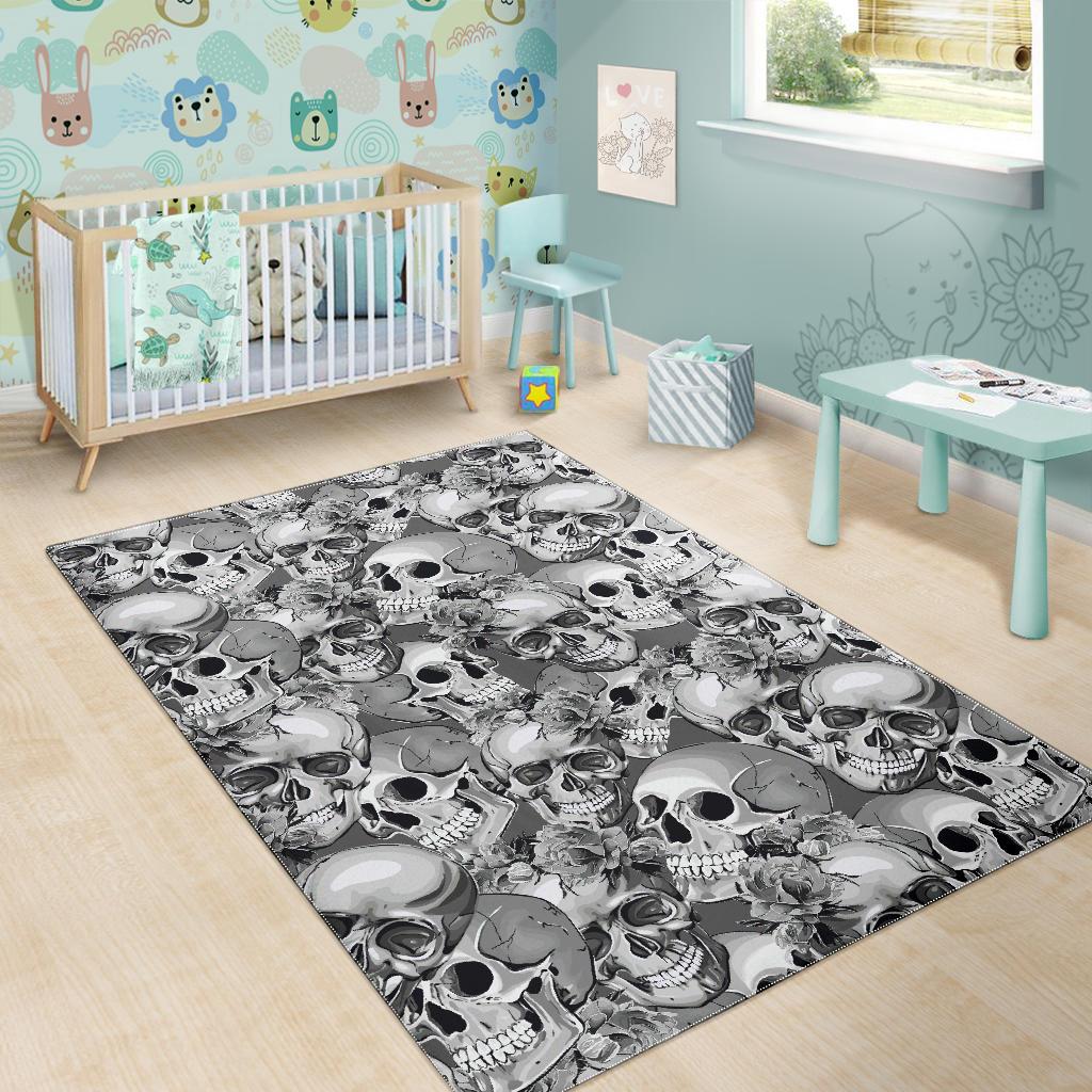 Monochrome Skull Flowers Pattern Print Area Rug