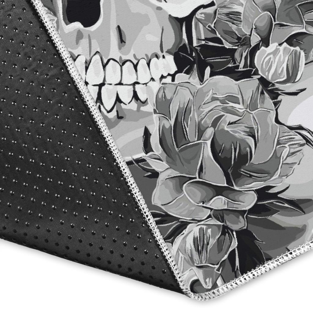 Monochrome Skull Flowers Pattern Print Area Rug