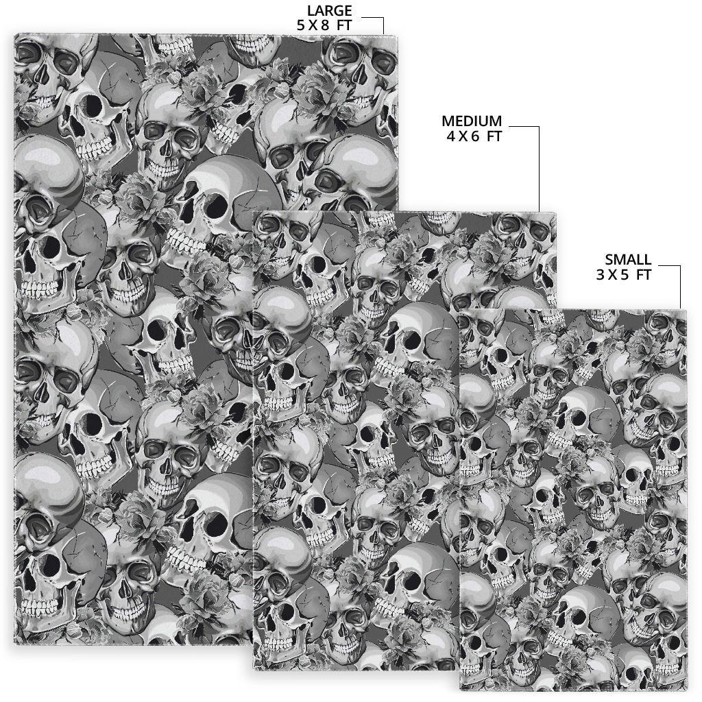 Monochrome Skull Flowers Pattern Print Area Rug