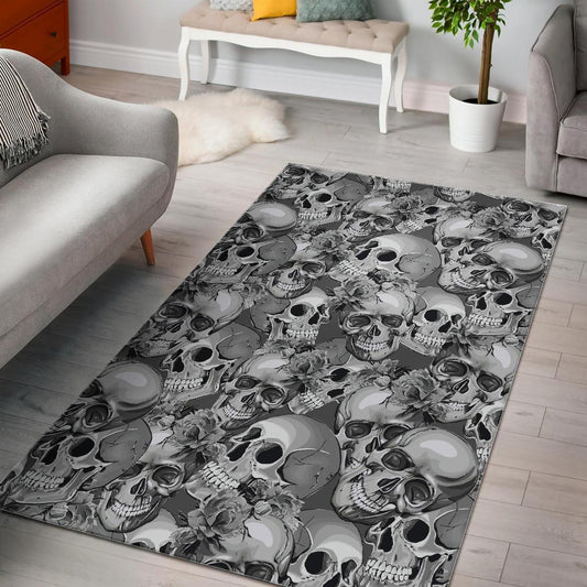 Monochrome Skull Flowers Pattern Print Area Rug