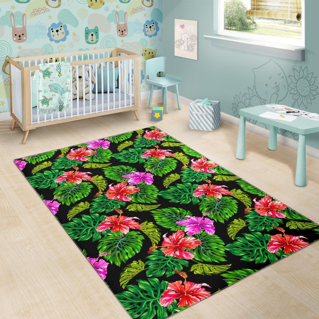 Monstera Hibiscus Hawaii Pattern Print Area Rug