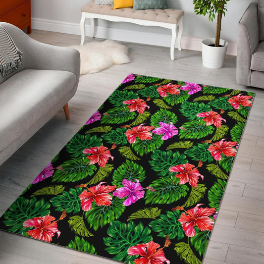 Monstera Hibiscus Hawaii Pattern Print Area Rug
